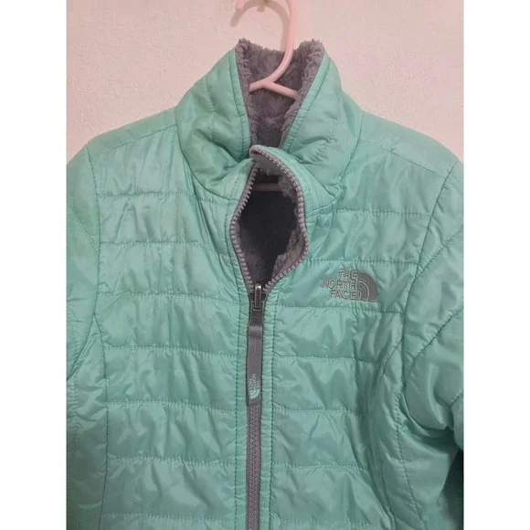 The North Face Girls Reversible Puffer Jacket Aqua Gray Fleece Kids Size 7/8 - Picture 2 of 6